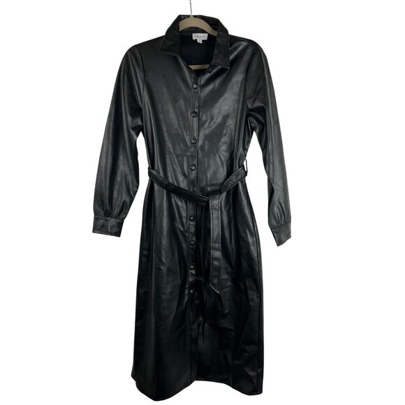 Evereve Small Womens Black Vegan Faux Leather Button Up Midi Dress Trench - Picture 6 of 16